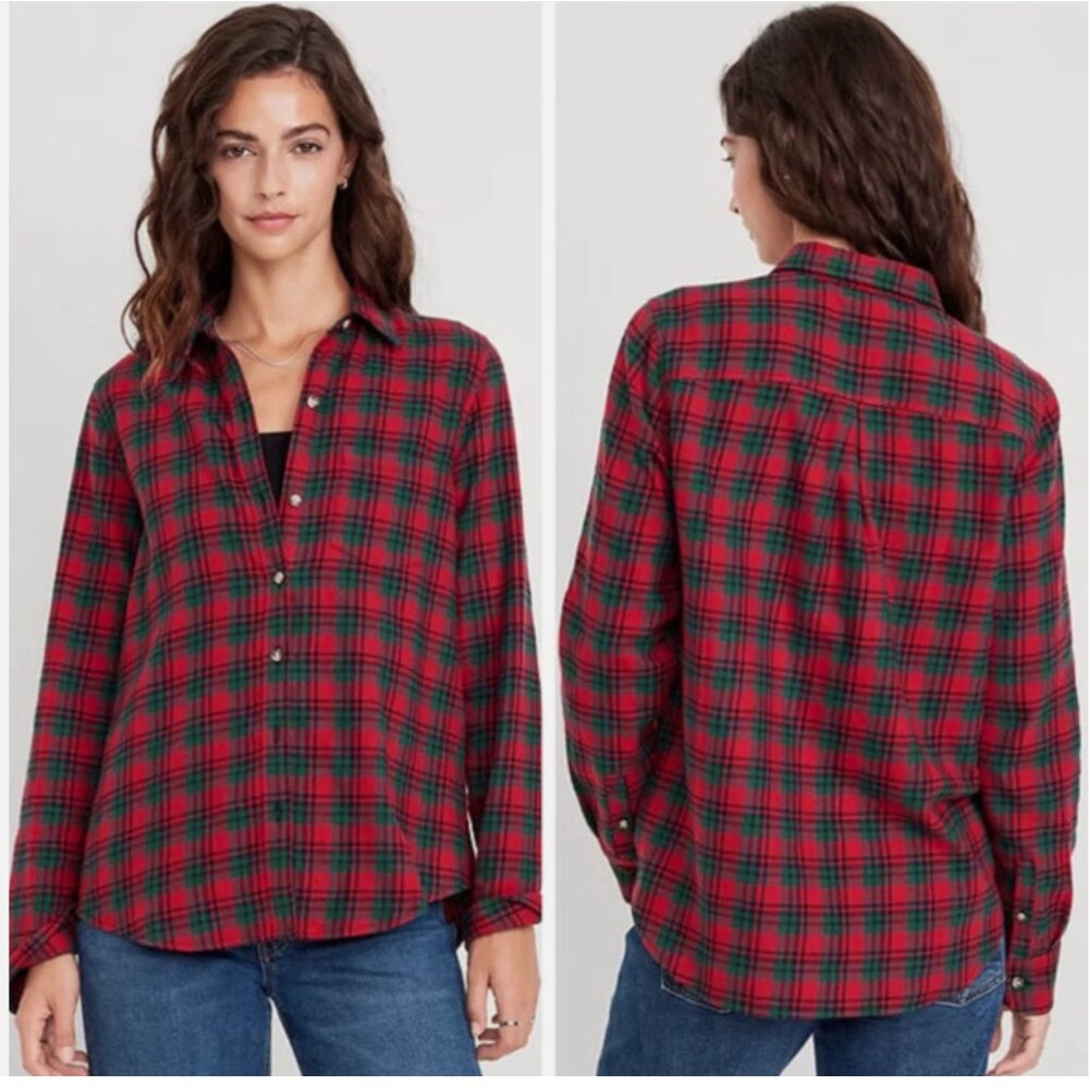 OLD NAVY Women's Relaxed Fit Boyfriend Flannel Shirt Size Large L Red Olive NEW